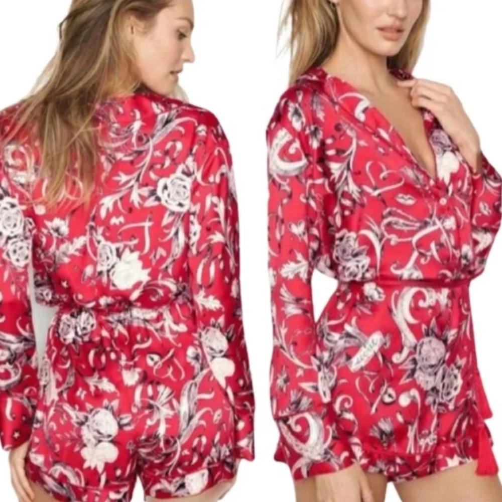 Victoria’s Secret Red Satin Printed Sleep Romper